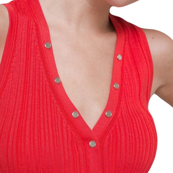 NWT WHBM V-Neck Snap-Front Rib Knit Sweater Tank Deep Coral XXS - Picture 3 of 8
